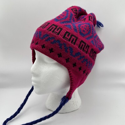 Vintage Helly Hansen Beanie Ski Hat Pink Blue Fair Isle Tribal Wool Cap Ear Flap
