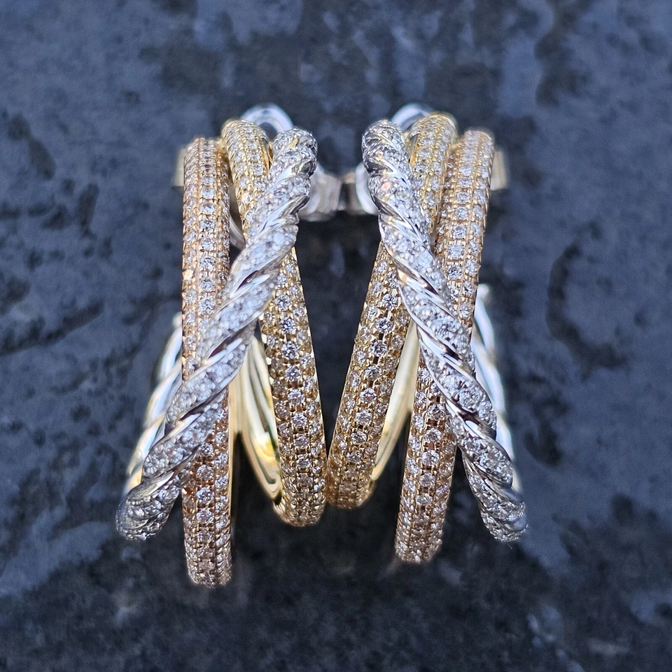 Pendientes de aro de diamantes David Yurman pavé flexible camarones 3 filas 18k rosa blanco $7500 Foto 2 de 4