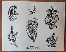 1976 Picture Machine Pat Martynuik Tattoo Flash Sheet 103 Dagger, Skull, Eagle
