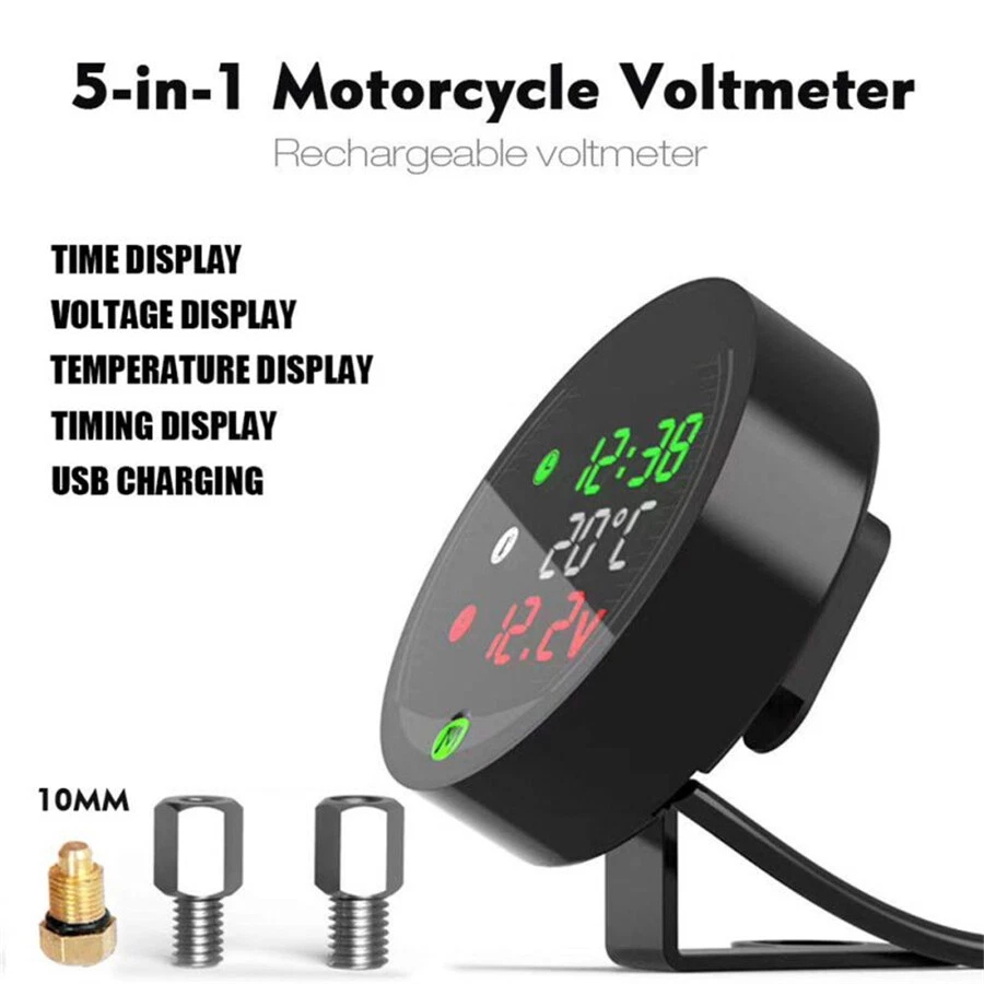 12V Motorcycle Digital LED Display Water Thermometer Clock Gauge w/18mm Sensor - Image 2 of 4