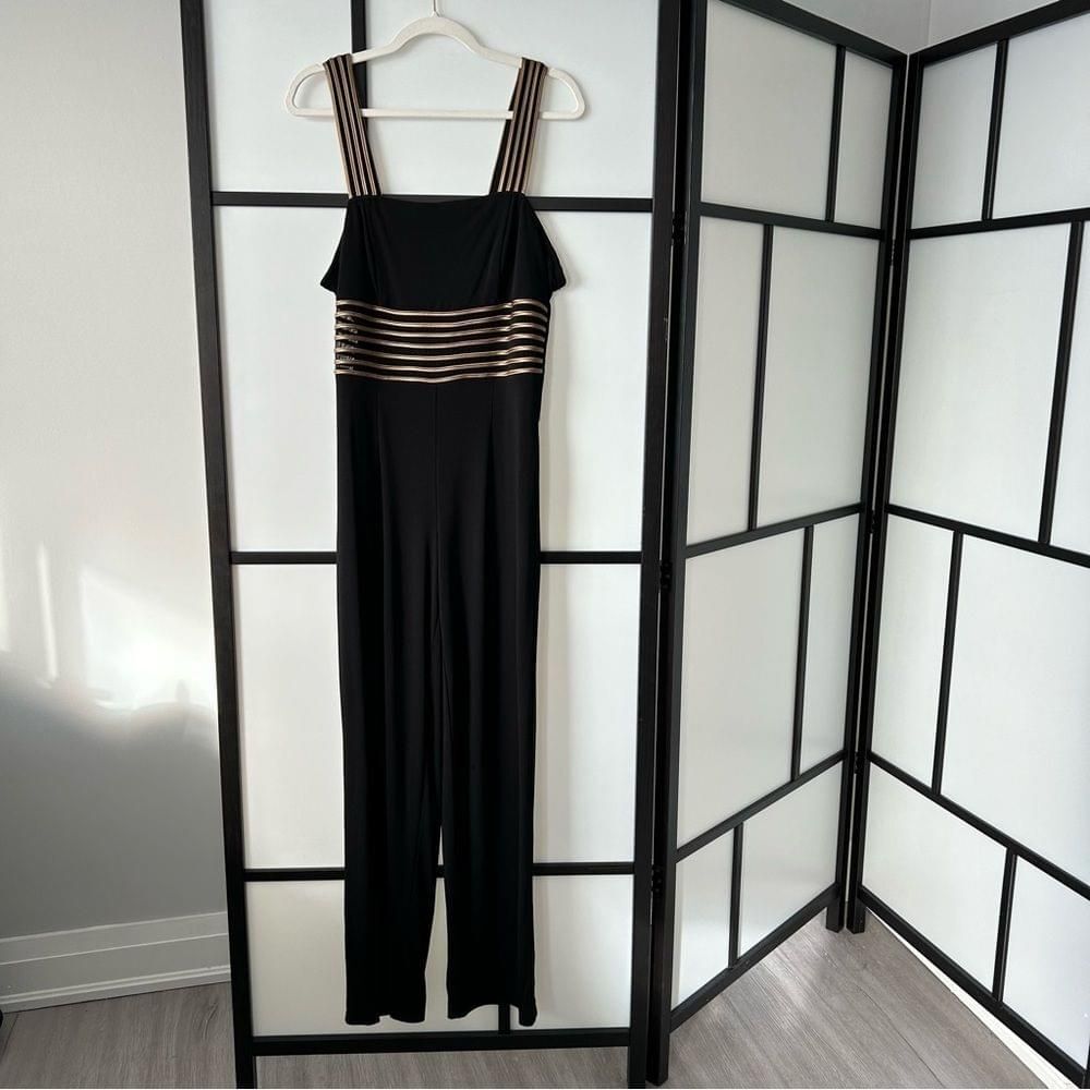 [12] Joseph Ribkoff Couture Vintage Semi Sheer Black & Gold 70’s Disco Jumpsuit