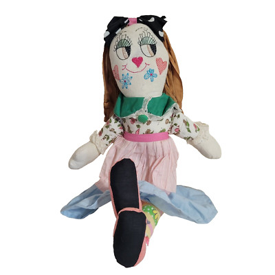 Vintage 18'' Handmade Ragdoll Girl Embroidered Face Big Eyes Made in Mexico