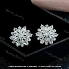 4Ct Oval Lab-Created Diamond Flower Cluster Stud Earrings 14K White Gold Finish