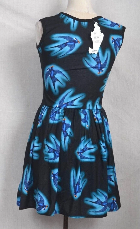 Blue Swallow Skater Dress Skater S UK 8-10 Vintage Look Cute Tattoo - Image 3 of 3