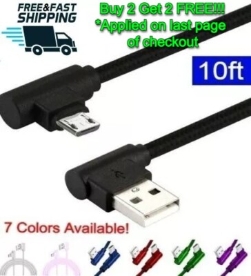 10FT 90 Degree Angle Fast Charge Micro USB Cable Rapid Power Sync Cord Charger L