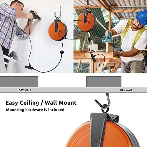  30 Ft Retractable Extension Cord Reel, Ceiling or Wall Mount 16/3 Gauge 30 ft