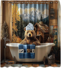 Funny Brown Bear Shower Curtain Cute Bear Bathtub Bubbles Rustic Cabin Forest Mo