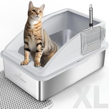 XL Enclosed Stainless Steel Cat Litter Box with Lid, Non-Stick Bottom Mat