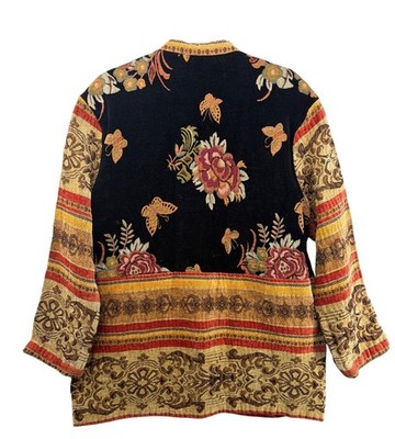 Vintage Robert Louis Jacket Sz M? Brocade Blk/Tan/Rose Butterfly Floral Festival