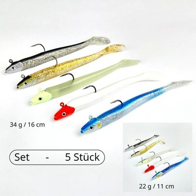 5er Sets SAND AAL 22/34g Jigköpfe Shad Gummifisch Pilker Dorsch Pollack Köder