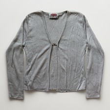 MADE IN USA Vintage 90s SWAK Ribbed Cardigan Knit Gray Silver Clasp Front M L