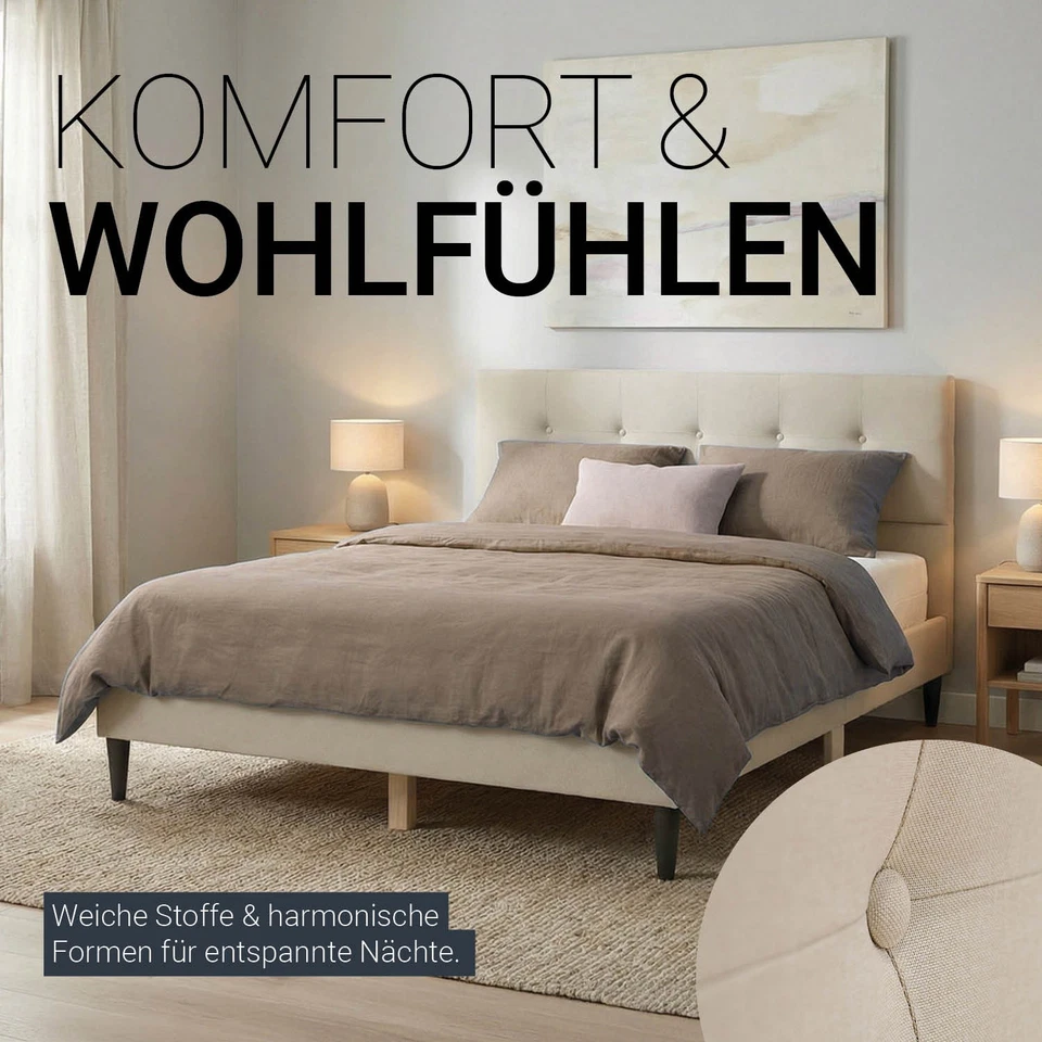 Lit rembourré 140x200 cm Beige avec sommier Lit double moderne tissu Homestyle4u - Photo 4/4
