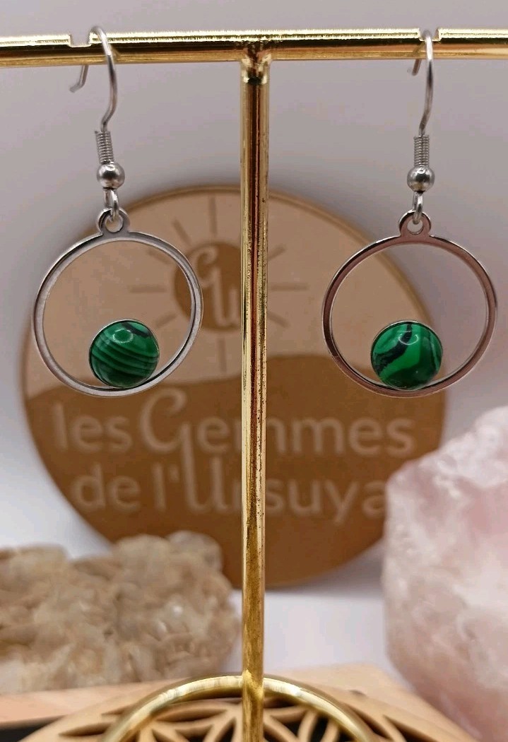 Boucles d'oreilles argenté malachite véritable Arbre de Vie en argent 925 ciselé