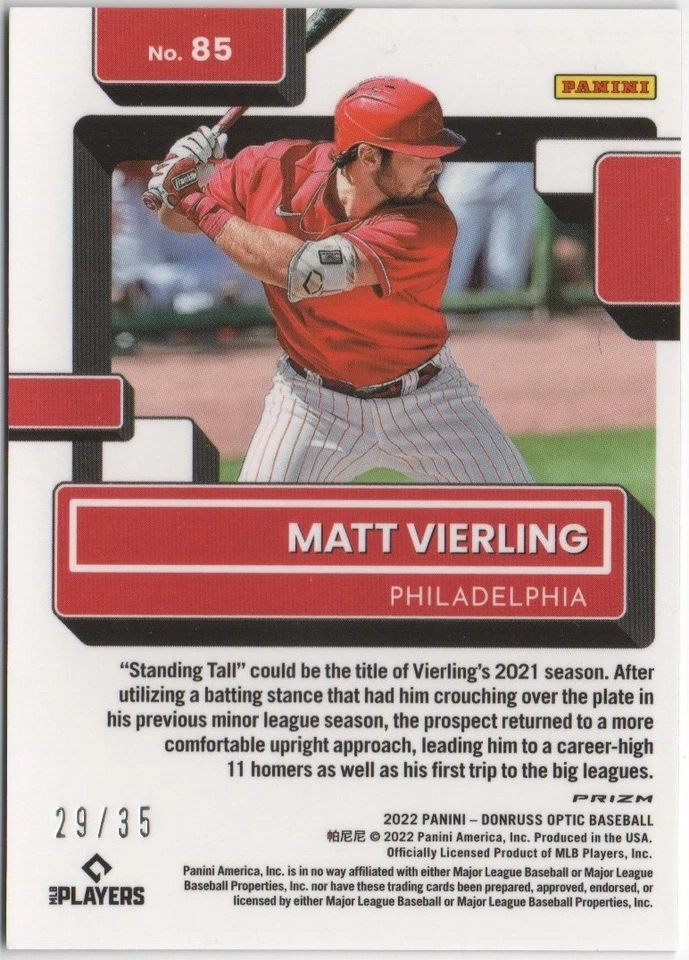 Matt Vierling 2022 PANINI DONRUSS OPTIC BASEBALL /35 Teal Velocity RC #85 - Image 2 of 2