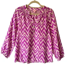 Lilly Pulitzer 100% Silk blouse Small Pink chevron print Womens Long sleeve top