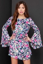 Lulus My Fleur Lady Navy Blue Floral Print Dress Size S Long Bell Sleeve