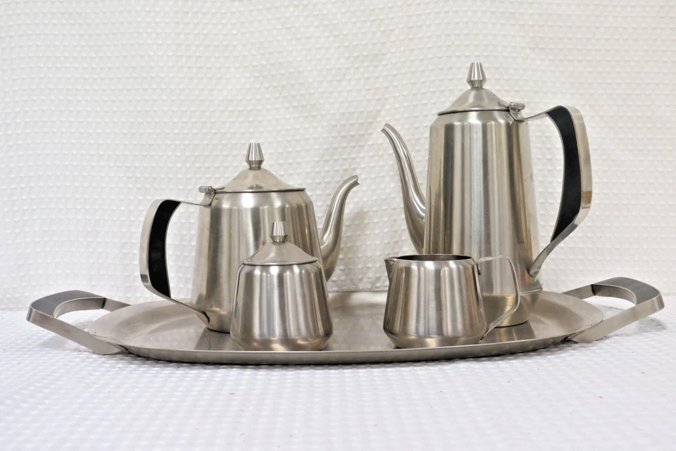 MCM Oneida 18/8 Stainless Steel Coffee Tea Set Tray Mid Century Modern Vintage - Image 2 of 4