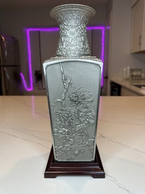 Royal Selangor Four Seasons Pewter Vase 13  Floral Asian Art w Wood Stand