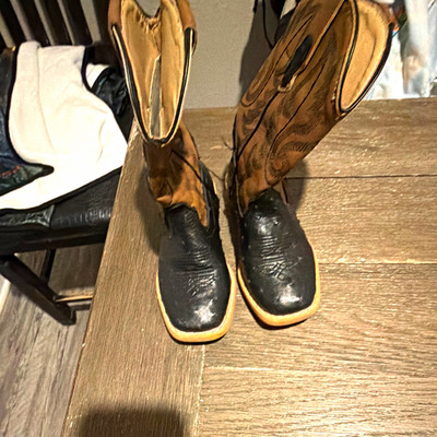 Roper Teens Western Cowboy Boots Leather Square Toe Pull-On Black/Brown 9