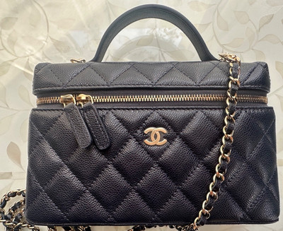 New CHANEL 25B DARK Navy Blue Caviar  Slim Vanity Gold CC Top Handle Bag RECEIPT