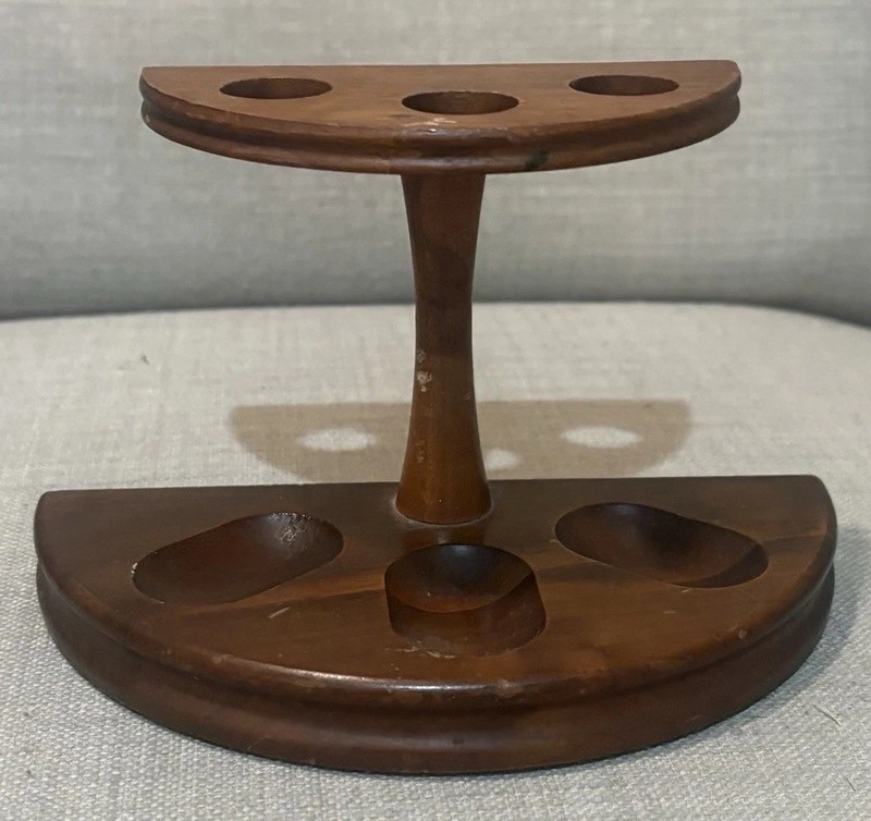 Brown Wooden Half Moon Tobacco Pipe Stand Rack Holder Display w/ Multiple Holes