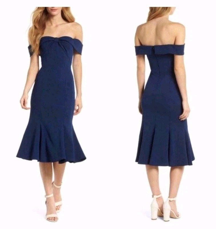 Gal Meets Glam Tyler Off Shoulder Bow Front Dress Navy Blue 14 Cocktail Wedding