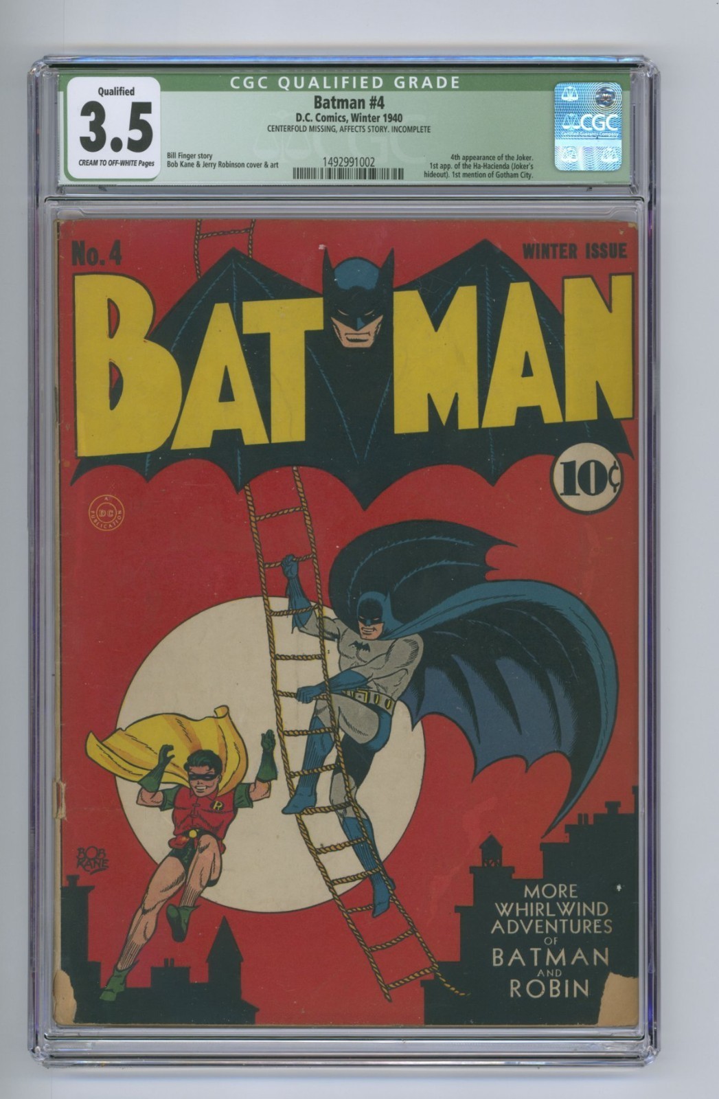 1941 D.C. Comics Batman 4 CGC 3.5. 4th Joker Appearance. 1st Gotham City.