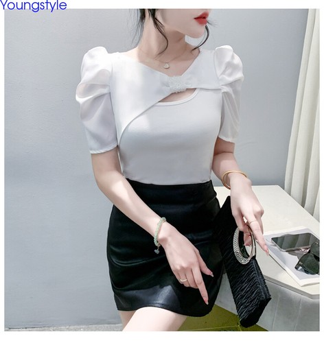 Korean Womens Puff Sleeve Beaded Summer Slim Party Cocktail Tops Blouse Shirts - Picture 9 of 20