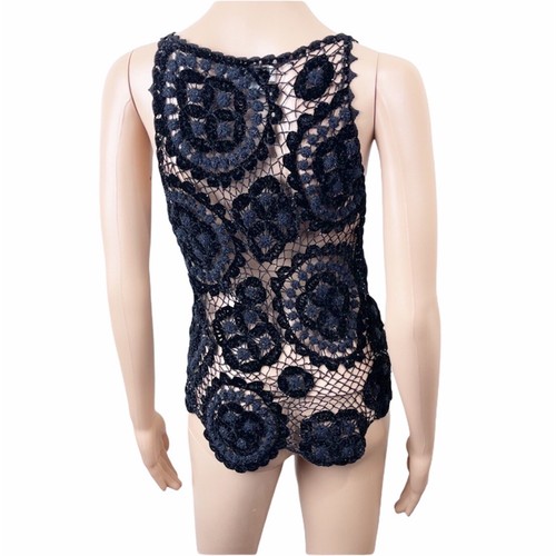 kay unger sparkle velour Net crochet sleeveless tank Black size s - Picture 2 of 11