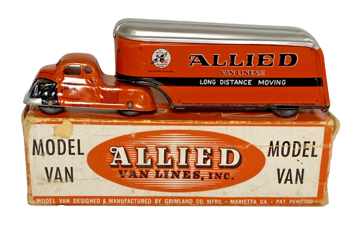 1930'S GRIMLAND CO TIN LITHO ALLIED MOVING VAN LINES TRUCK w/ BOX