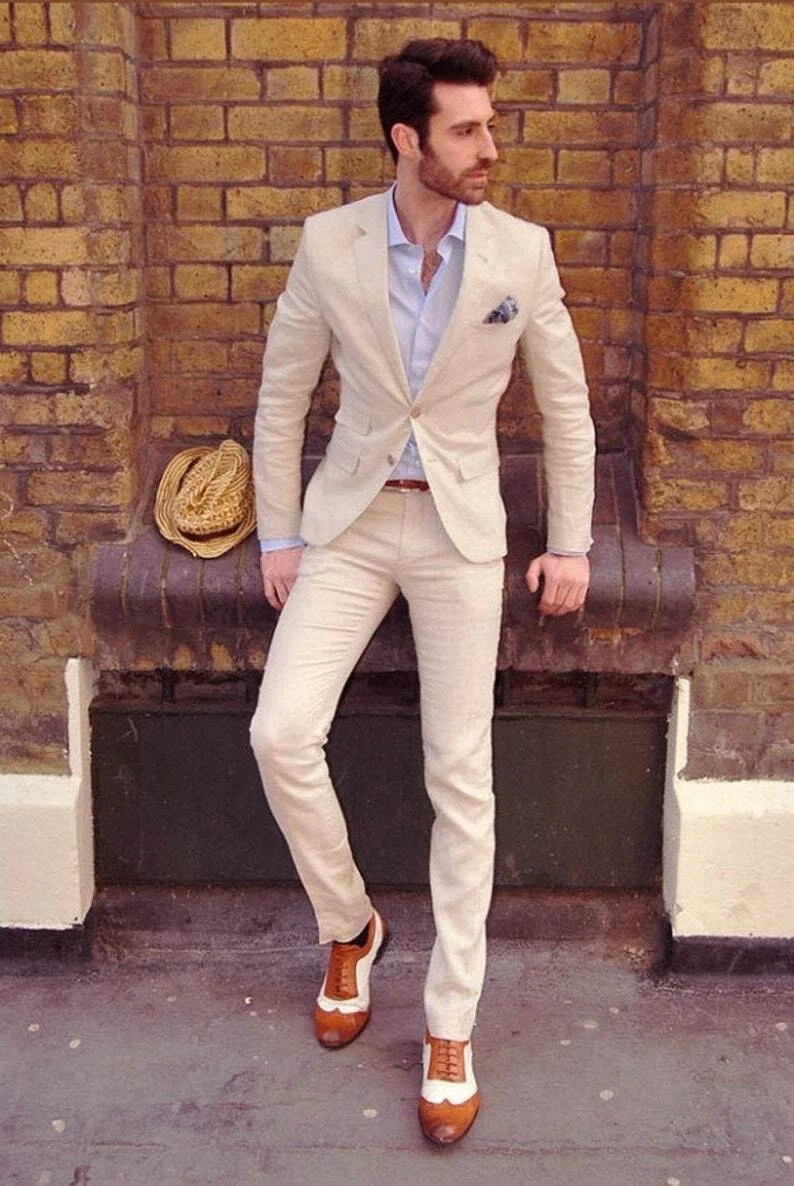 Mens Beige Linen 2 Piece Suit Beach Wedding Evening Slim Fit Casual Coat Pants