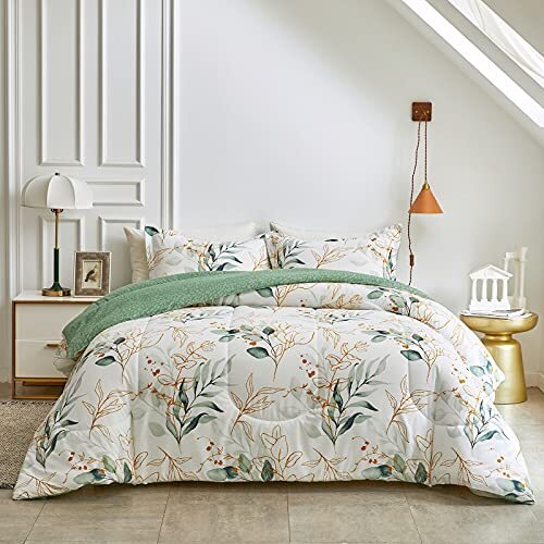 3pcs Botanical Comforter Set Full/Queen, Green n Queen (90"x90") Leaves02 - Picture 2 of 8