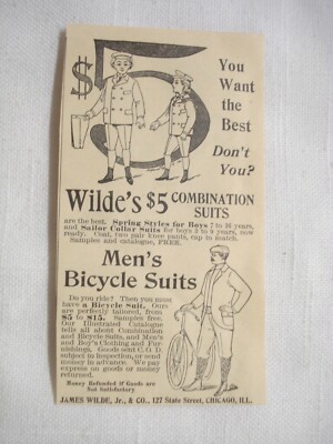 1896 Wildes Men's Bicycle Suits Ad, James Wilde, Jr. & Co., Chicago