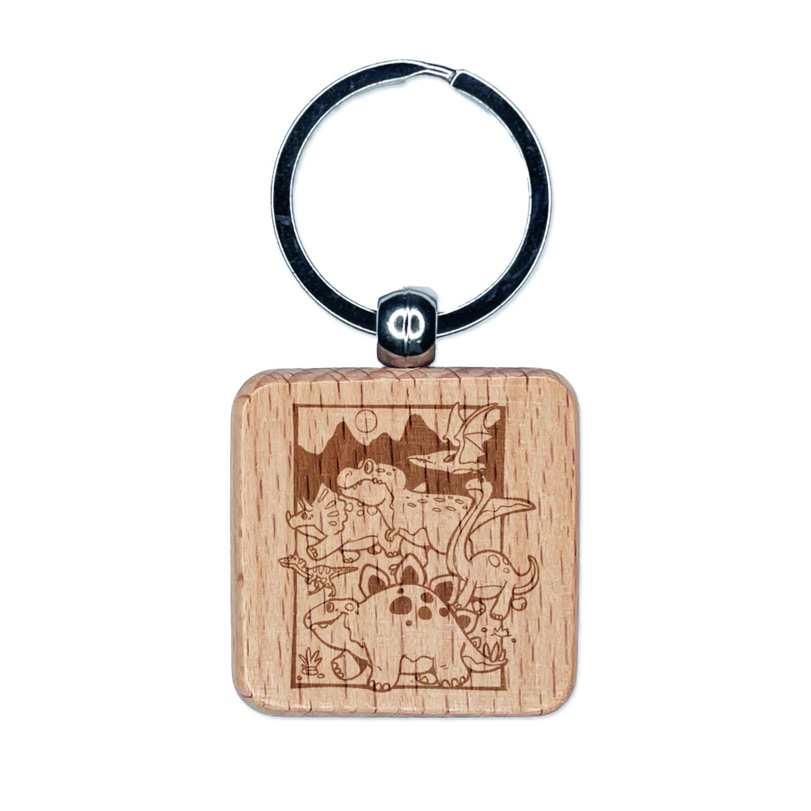 March of Various Dinosaurs Engraved Wood Square Keychain Tag Charm