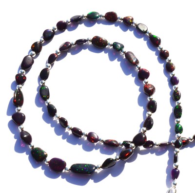 Super Rainbow Flashing Fire Ethiopian Black Opal Smooth Nuggets Necklace 20''