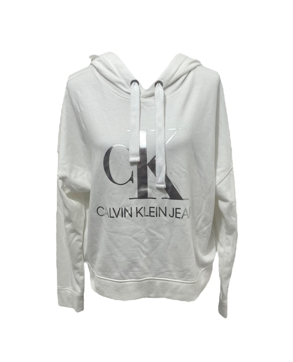 Women’s Large Hoodie Calvin Klein White Big Metallic Logo Long Sleeve