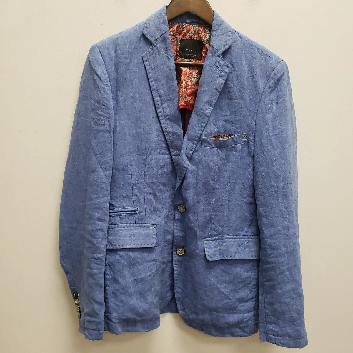 Zara Mens Linen Single Breasted Blazer Size 36 Blue Two Button Front Notch Lapel