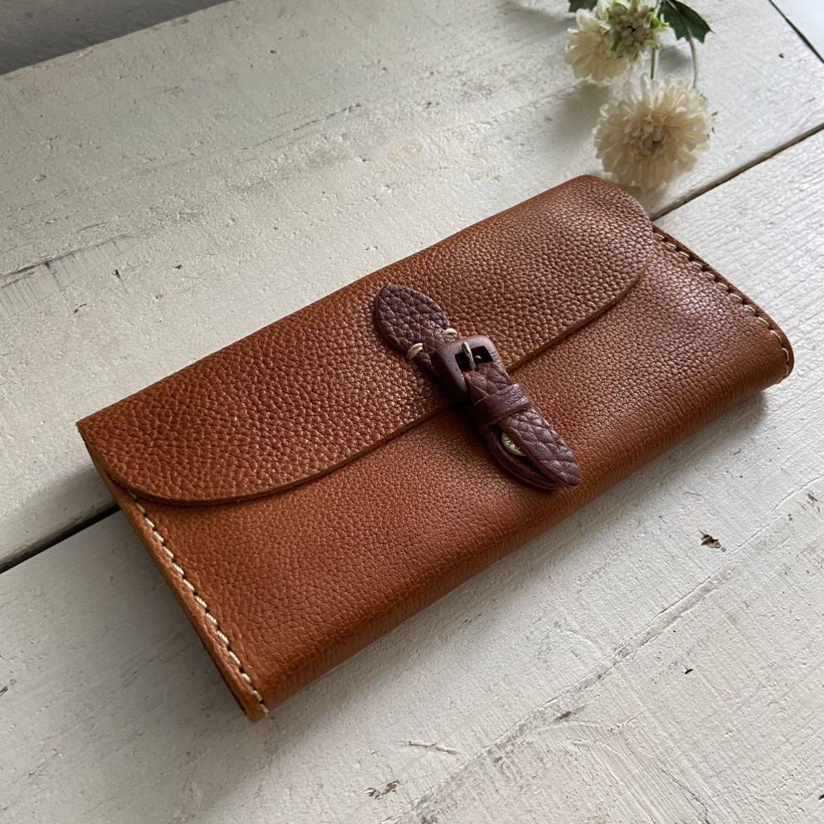 Sale Domestic Leather Long Wallet Wood Buckle Made In Japan Brown