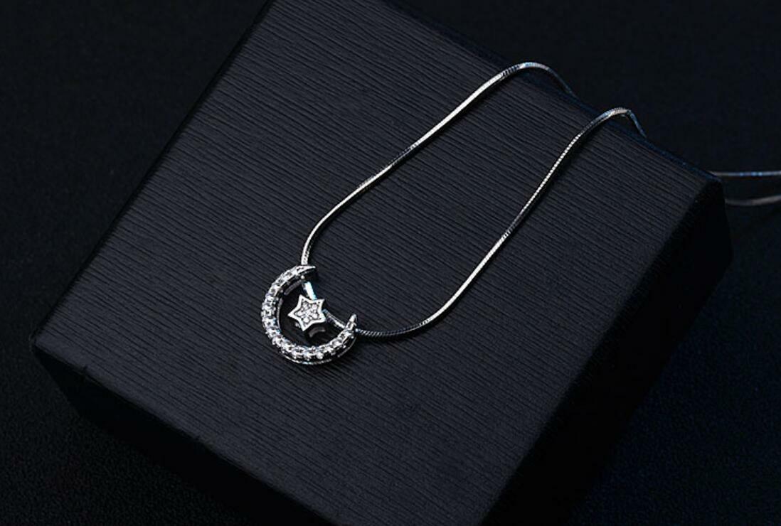 Silver SP Pave Cubic Zirconia Star Moon Pendant Chain Necklace | eBay
