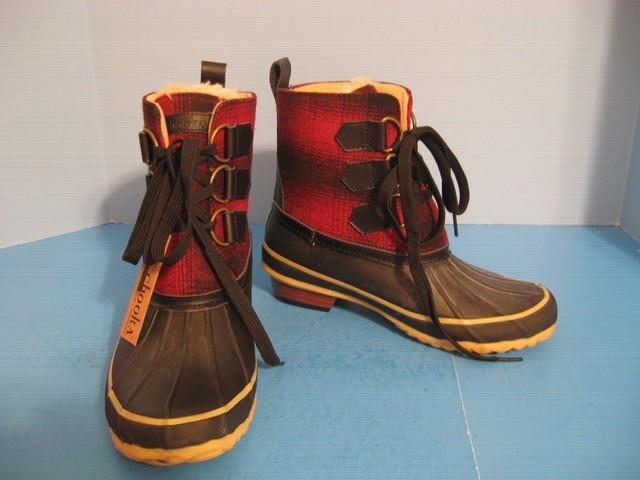 red and black plaid duck boots