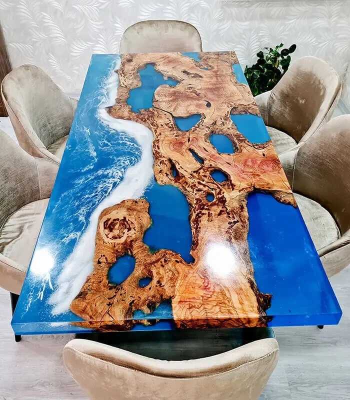 Epoxy Ocean Waves Coffee Table with Wooden Top for Home Decor