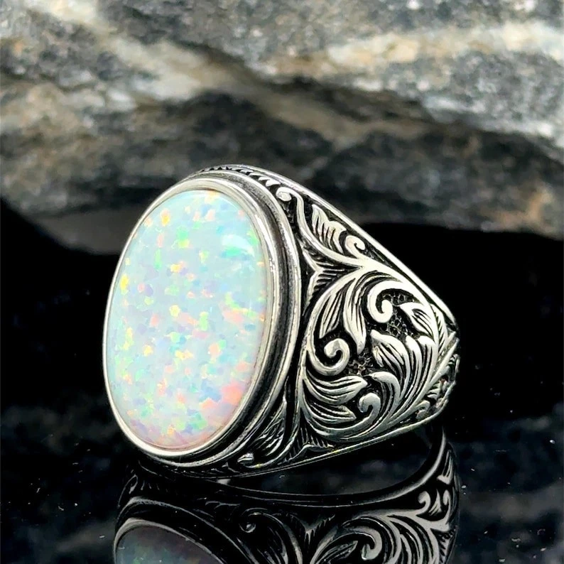 Anillo de plata ópalo blanco ópalo de fuego anillo de plata para hombre Foto 4 de 4
