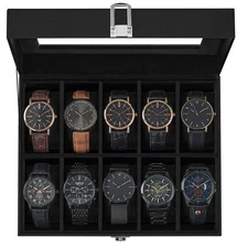 Watch Box 10-Slot Watch Case with Large Glass Lid Removable Watch Pillows Wat...