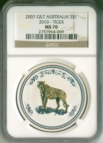 2007 Australia S$1 2010 Gilt Lunar Series Tiger NGC MS70