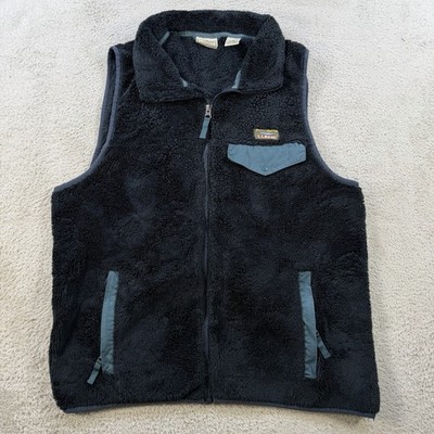 LL Bean Vest Mens Medium Navy Blue Deep Pile Sherpa Fleece Full Zip Pocket