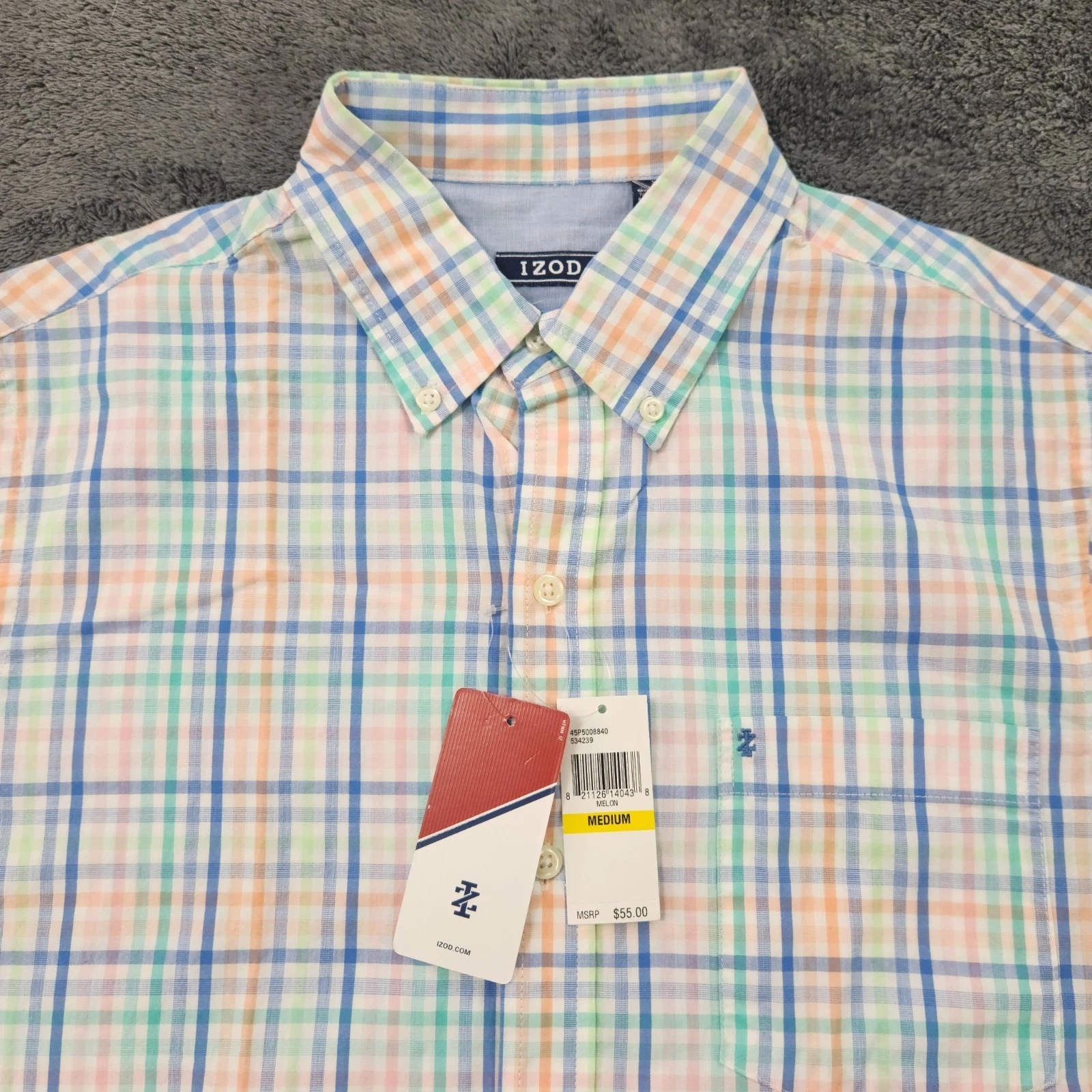 New Izod Button Down Shirt Mens Medium Plaid Short Sleeve NWT in Melon
