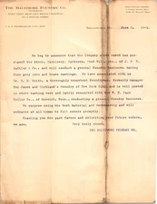 Baltimore Foundry Co 1901 Business Letter Acquisition Sadtler & Co Letterhead