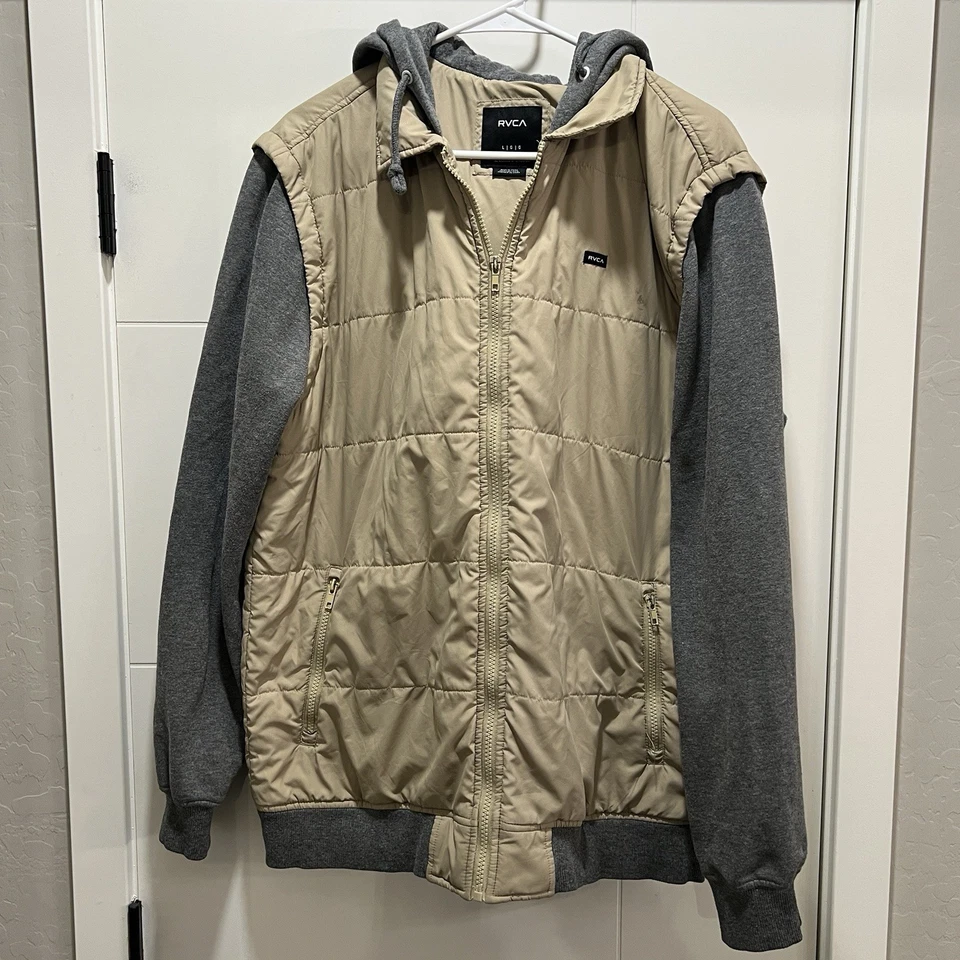 RVCA Men’s Large Quilted Jacket w Attached Gray Hoodie Color Block Cream Vest - Image 3 of 4