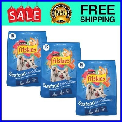 (3 pack) Purina Friskies Seafood Sensations Dry Cat Food with Salmon, 16 lb. Bag
