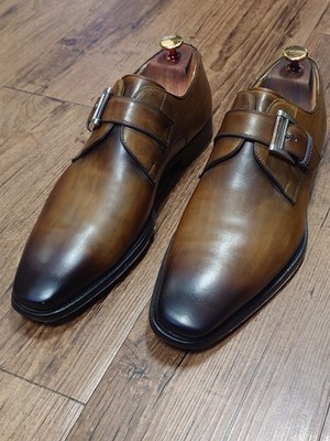 Magnanni Men s Monk Strap 8.5M Bourbon Brown Burnished Leather Dress Shoes